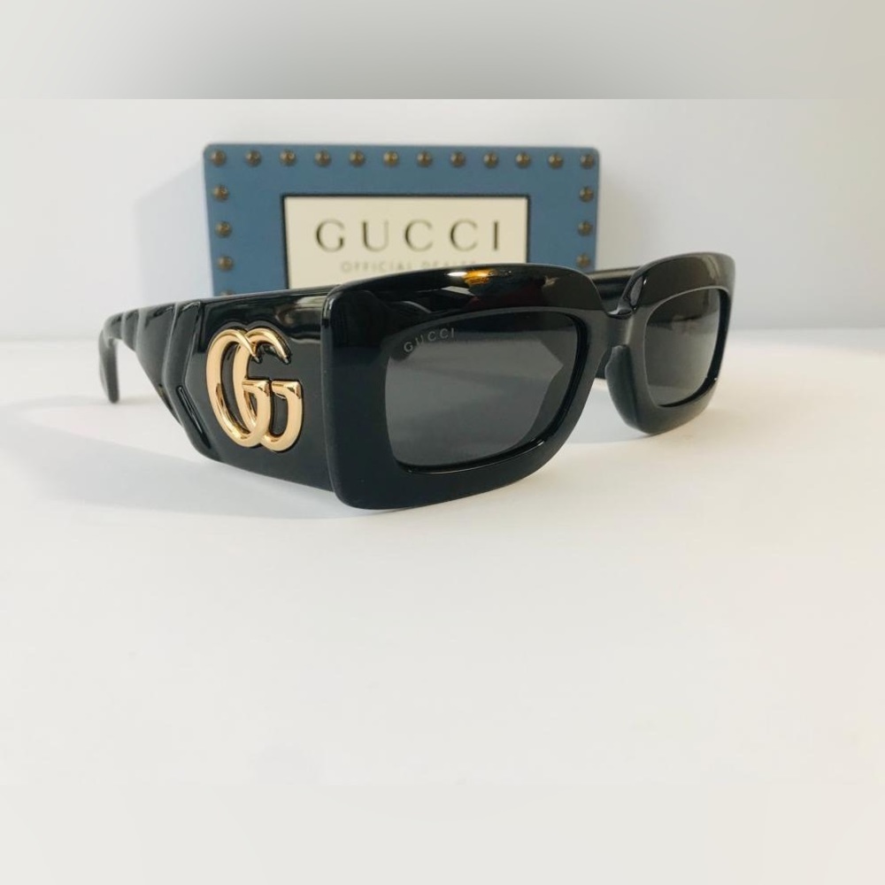 💯 - New Authentic Gucci Black Gray Gg0811s 001 Logo Rectangle Unisex Sunglas…